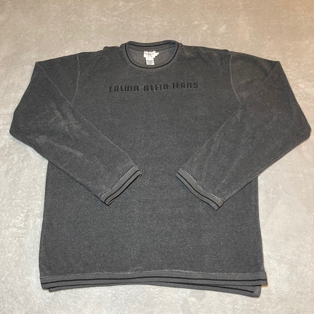 Vintage Calvin Klein Jeans Sweatshirt Mens L Gray Velour Crewneck Pullover Y2K